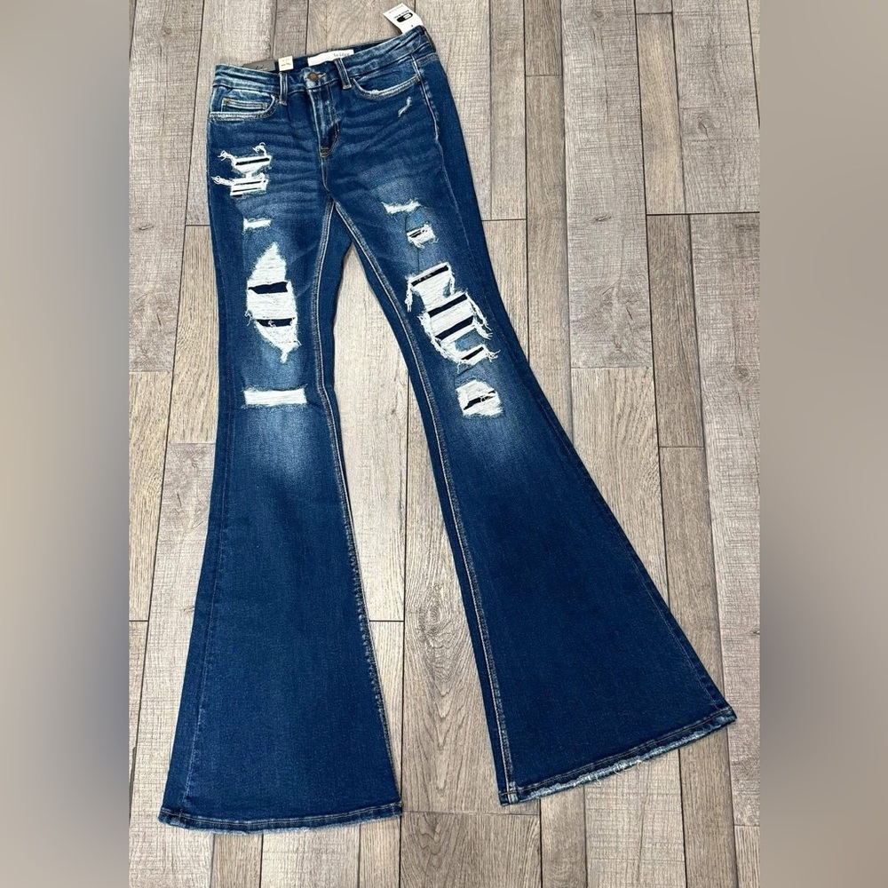 Dark Blue Distressed Flare Jeans - Wide Leg